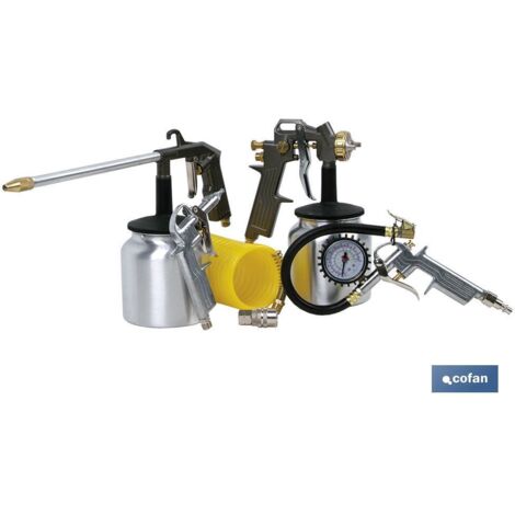 COFAN kits 5 piezas pistolas neum. , Kit de aire con enchufes rápidos en su interior. Incluye: pistola de pintar, pistola de petrolear, pistola de soplar, inflador, enchufes rápido (1/2)