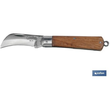COFAN navaja hoja 73mm , Navaja en forma de pico de loro fabricada en acero inoxidable con un mango de madera y corte en forma de gancho. Longitud total de la navaja: 193 mm. Produ