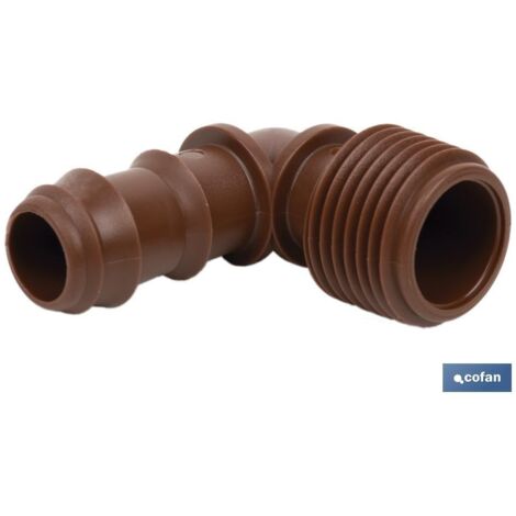 Conector en codo marrón 16mm-1/2" para riego, fácil montaje y resistente al clima