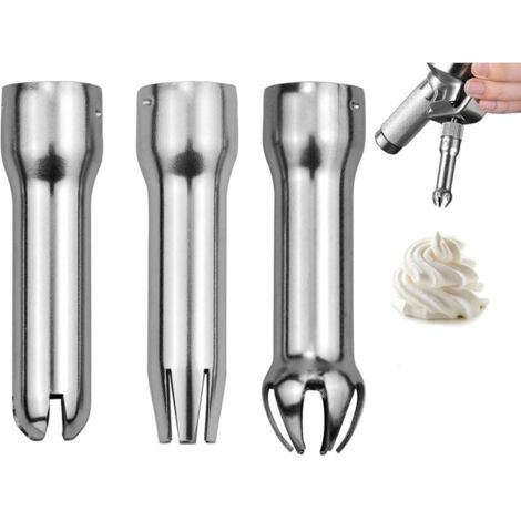 Die 3 Edelstahl-Tüllen eignen sich zur Herstellung von Sahne, Eiscreme, Tortendekorationen, Desserts, Schlagsahne, Soßen und Mousse. (1/4)