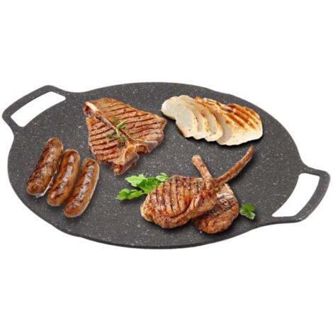 Korean-style teppanyaki griddle, smooth and round, made of highly conductive aluminum alloy for outdoor grilling at home. Universal diameter: 36 cm.