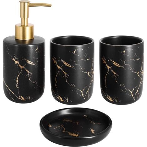 Set of 4 ceramic bathroom accessories, consisting of soap dispenser, cups and soap dish (black) (1/5)