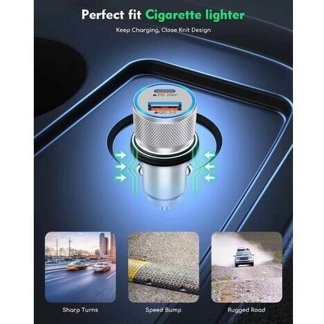 USB car charger, USB-C PD 20W fast charging car charger, USB-A QC3.0 all-metal USB car charger for iPhone 13 12 Huawei LG. (1/3)