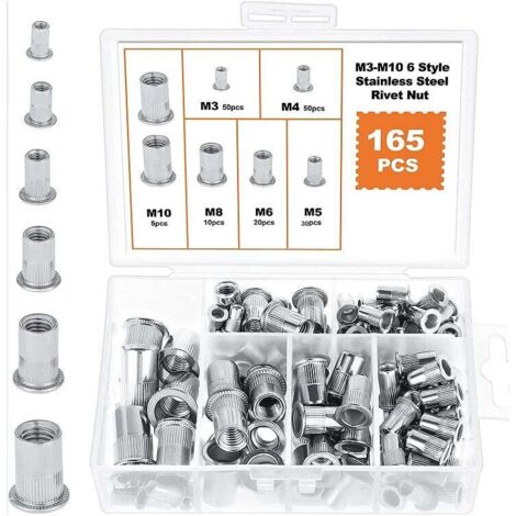 165-piece assortment of stainless steel rivet nuts, flat head threaded rivet nut insert caps, sizes M3, M4, M5, M6, M8, M10 (6 different types, 165 stainless steel rivet nuts)