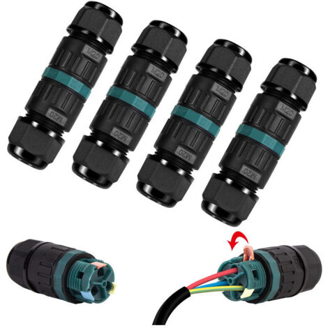 Pack of 4 IP68 waterproof connectors – 3-pin plug for cables with diameters from 5 to 12 mm, for outdoor use, e.g. for garden and underground installations (1/5)