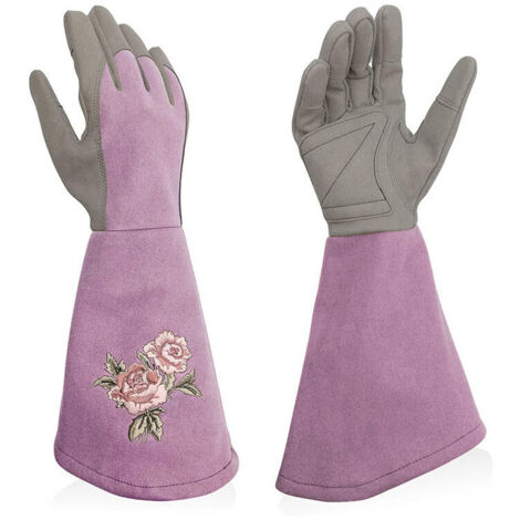 Women's Leather Gardening Gloves, Long Sleeve, Puncture-Proof, Elegant Gardening Gloves for Women, Fine Embroidery, Light Purple, Size M