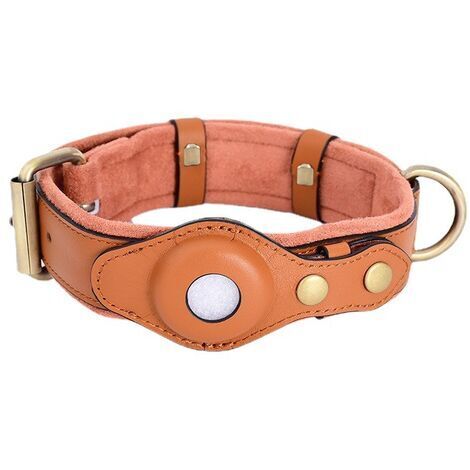 Brown non-marking leather dog collar with integrated AirTag slot, suitable for small and medium-sized dogs. (1/3)