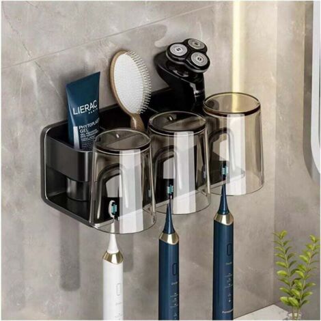 Electric Toothbrush Holder (Black), Wall Mounted, Self-Adhesive Electric Toothbrush Holder, Toothpaste Holder, Bathroom Razor Organizer, Suitable for 1-3 People (1/5)