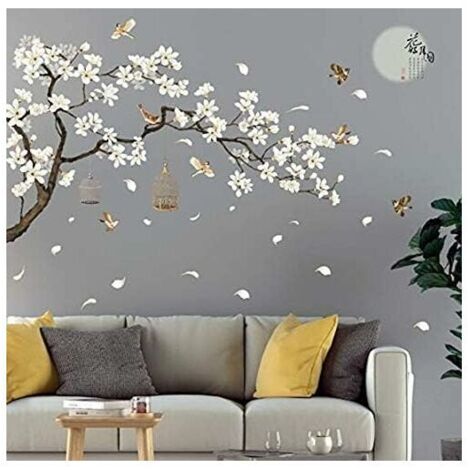 Cherry Blossoms and Bird on a Branch Wall Stickers for Bedroom, Vintage Style, DIY, Size 187 x 128 cm, Also Suitable as Headboard Stickers for Teens, Vinyl Wall Decals (1/5)