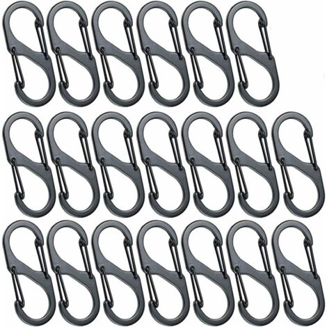 20pcs Mini S-Shaped Carabiners, Aluminum Alloy, 8 Shapes, Sturdy, Lightweight, Waterproof, Double Loop for Home, Outdoor Activities Like Hiking, Fishing, Camping, Travel, etc. - Black (40mm) (1/5)