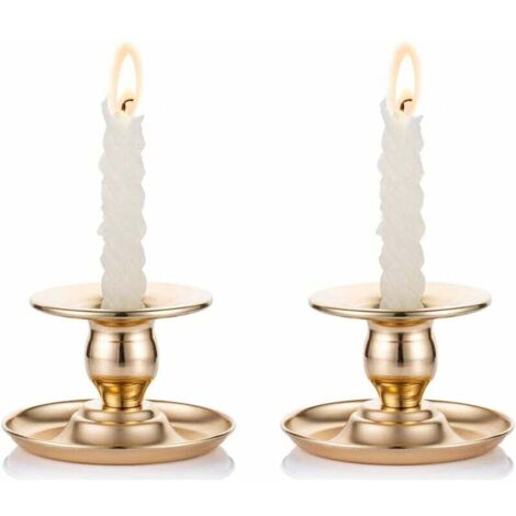 2-Piece Gold-Plated Brass Chamberstick Candle Holder, Suitable for Candles, Candlesticks, Tealights, and Pillar Candles - for Window and Mantel Display