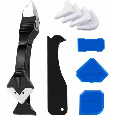 3-in-1 silicone caulking nozzle (stainless steel), scraper, sealant finishing tool, reusable, 5 silicone tips, excellent tool for kitchen and bathroom sink joints