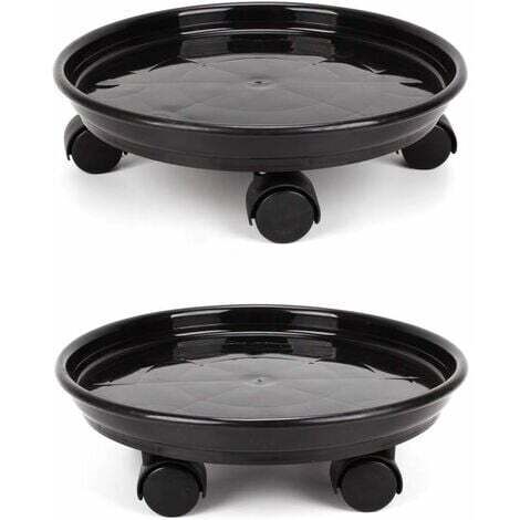 Set of 2 round 30cm plant pot trays with 4 casters for home or garden – Black (1/4)