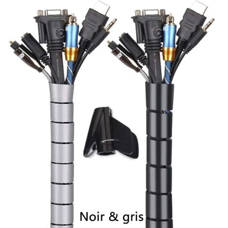 Cable Management Set, 2-Pack, Flexible Cable Management System (2 x 3m) Made of PE to Neatly Organize and Hide Cables, Cable Protector Sleeves (2.2cm and 1.6cm), Black and Grey