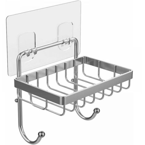 Self-adhesive sponge holder/soap dish with 2 hooks, for bathroom, toilet, kitchen wall, stainless steel, no drilling required, no-drill soap holder, nail-free soap holder, seamless adhesive (1/5)