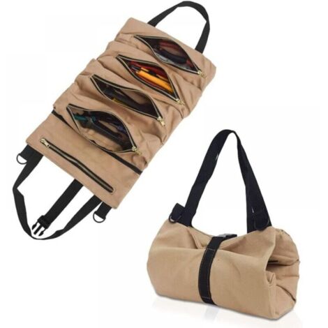 Canvas Tool Bag (Khaki), Multifunctional Tool Bag with 5 Compartments, Durable Material, Suitable for Daily Use at Home, Woodworking and Electrical Work (1/5)