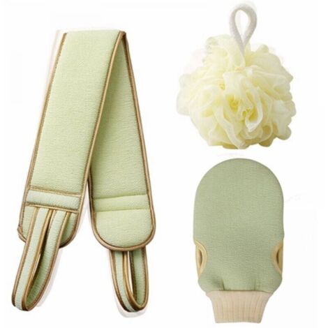 The three-piece set of bath towels and back exfoliating balls ensures natural exfoliation and thorough cleansing of the back.