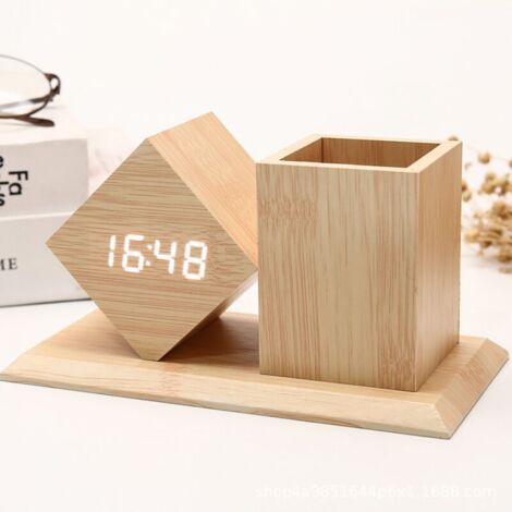 Wood-look digital alarm clock, 12/24-hour weekday display, date display, 3 alarm times with pen holder (1/5)