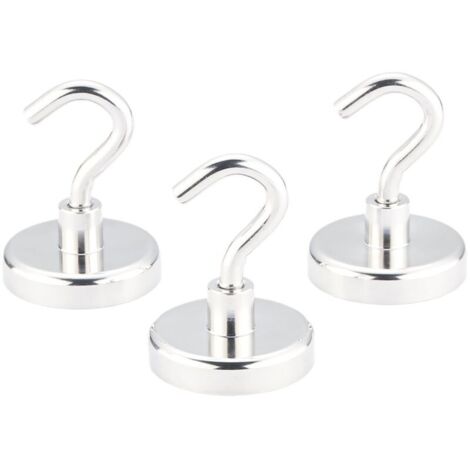 Set of 6 super strong neodymium magnetic hooks with a maximum vertical pulling force of 150 lbs, no drilling required.