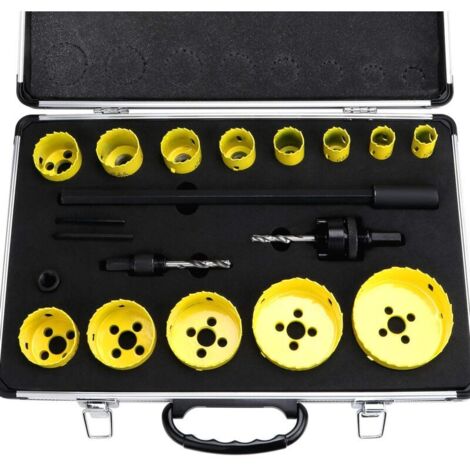 Set of 19 bi-metal hole saws, from 3/4" to 3", with round drill bits, drill bit adapter, and extension for wood and metal (1/5)