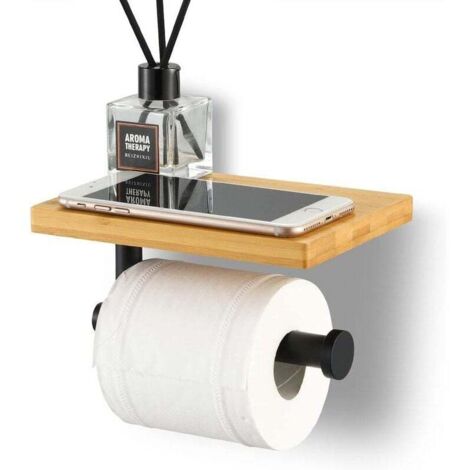 Toilet Paper Holder with Bamboo Shelf, Bathroom Roll Holder in SUS304 Stainless Steel, Matte Black Wall Mount, No Drilling Required (1/5)