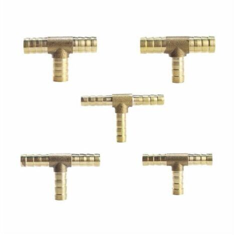 (8mm) 5 Pieces Brass 3-Way T-Shaped Fuel Hose Fitting for Compressed Air Gas Hose (1/4)