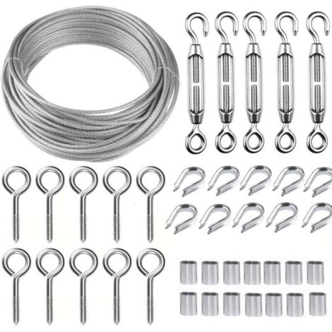 30M Stainless Steel Hanging Rope Kit, Metal Cable Kit, 2mm Coated Stainless Steel Cable, with M5 Cable Tensioner and Eye Hooks, for Climbing Plants, Railings, Clotheslines, --
