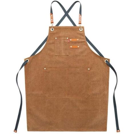 Delantal de la trabajo de lona para hombre con bolsillos, ajustable correa y bolsillos grandes, delantal de cocina marrón (1/3)