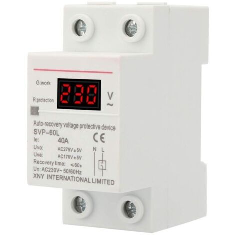 Device for protection against overvoltage and automatic recovery support of 230 V and 40 A with voltage panel and light indicator to mount in DIN. (1/4)