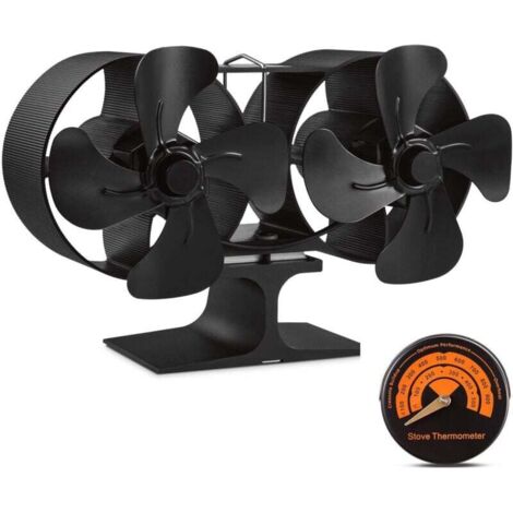 Small fan for wood stove with double motor and 8 aspas, silent and eco-friendly, ideal for gas, pellet and wood stoves, with thermometer, accessories for chimney and stove. (1/4)