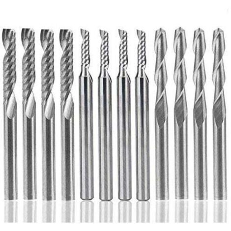 Set of 12 carbide router bits, 4 1/8" double flute CNC bits and 8 single flute bits (2 types) for nylon, resin, ABS, acrylic, PVC, MDF and wood.
