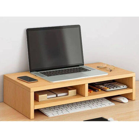 Wooden monitor stand, computer monitor stand, desk organizer, multifunctional monitor shelf with storage compartment, two tiers, wood color (1/4)