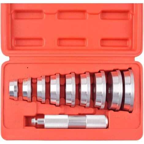 Bearing press kit, 10-piece bearing press adapter set for mounting bearings and seals.