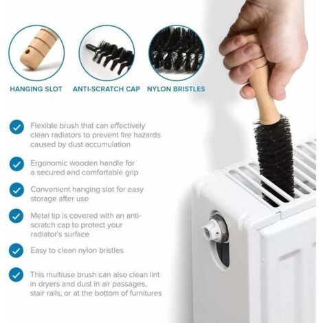 Multi-functional and flexible radiator brush - Long and fine bristle radiator duster - Wooden handle - Increase efficiency and reduce your energy bill (60cm)