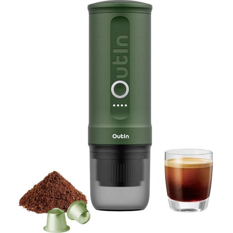 OutIn Nano Macchina da Caffè Espresso Elettrica Portatile - Verde Foresta, Caffè Macinato e Capsule NS - Camping, Viaggio, Trekking