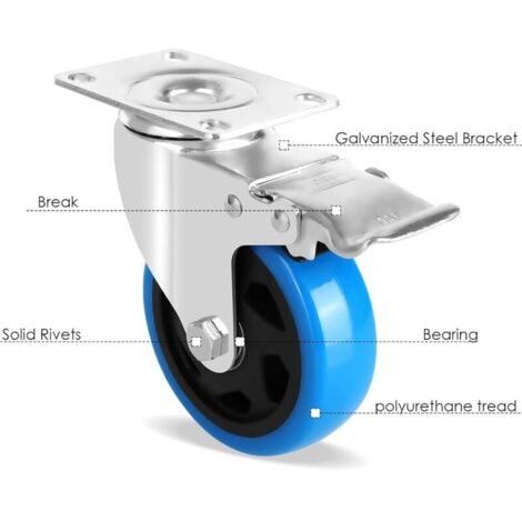 75mm Möbelrollen Schwerlast [2x Lenkrollen 2x mit Bremse] – 400kg Tragkraft – PU Polyurethan Rollen leise & bodenschonend – 360° Schwenkrollen aus verzinktem Stahl mit Schrauben & Werkzeug
