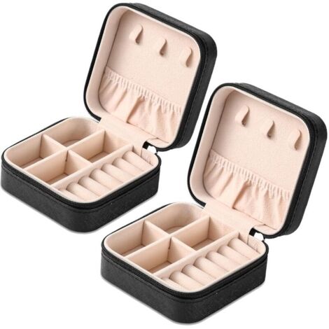 2-teiliges tragbares Reise-Schmuckkästchen, Aufbewahrungsbox für Ringe aus Leder für Mädchen und Frauen (Schwarz) (1/4)