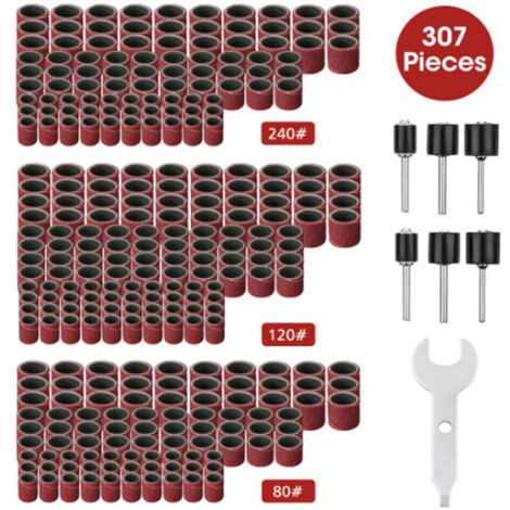 307-teiliges Trommelschleifer-Set – Schleiftrommel – 300 Schleifbandhülsen (Körnung 80/120/240) + 6 Trommelspindeln für Rotationswerkzeuge + 1 Kombinationsschlüssel (1/4)