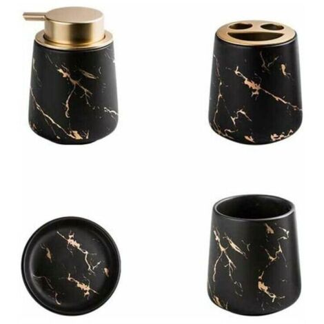 Set mit 4 Badezimmeraccessoires aus marmorierter Keramik – Seifenspender, Zahnbürstenhalter, Becher, Tür