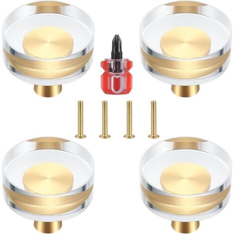 Set mit 4 Türknöpfen aus klarem Kristall und Messing für Schränke, Schubladen, Kommoden und Möbel - 30x27 mm (30x27 mm)