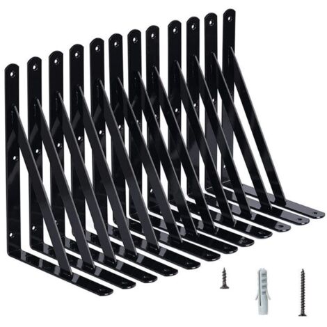 Wandregalhalterungen, 10 Stück 90-Grad-Dreieckstahlhalterungen, 150 mm x 95 mm Regalhalterungen, Eckverstrebung mit 50 Schrauben und 20 Dübeln (Schwarz) (1/4)