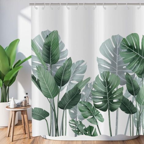 Duschvorhang 180x180cm mit tropischen Blättern, grünen Palmen und Bananenblättern, Dschungelmotiv, botanische Pflanzenmotive, Naturmotiv