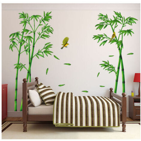 6090 cm², Großer Bambus-Wandaufkleber mit grünem Pflanzen- und Vogelmotiv, Wanddekoration für Schlafzimmer, Wohnzimmer und Büro