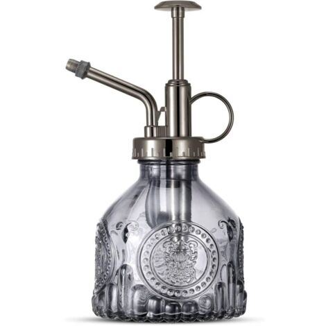 Vintage Glas-Sprühflasche mit Pumpaufsatz, kleine Gießkanne für Zimmer- und Gartenpflanzen, Grau