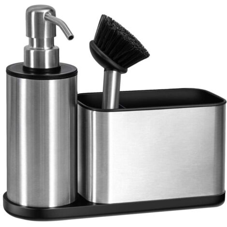 20 x 18 x 6,5 cm, silberner Spülbecken-Organizer mit integriertem Seifenspender und Schwammhalter (Pumpe und Dosierdüse)