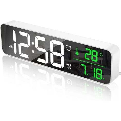 Weißer, digitaler Wandwecker mit LED-Spiegel, großem Display, Temperaturanzeige, Datumsanzeige, 2 Alarmen und 40 Musiktiteln