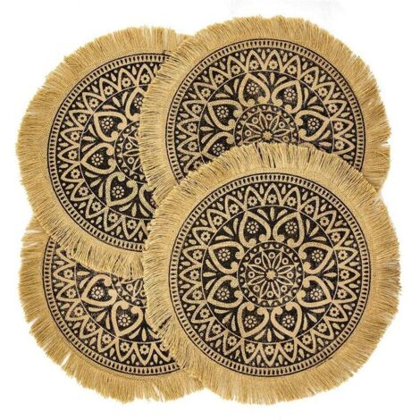 Essgruppe „Braune Quasten“ von CAPASIN, Set mit 4 runden, braunen Platzsets im Boho-Stil für moderne Esszimmer, beige Tischsets (1/4)