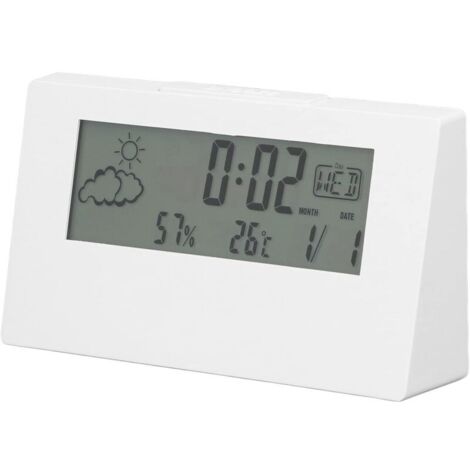 (Weiß) Digitaler Wecker, Nachttischwecker, elektronischer Tischwecker mit LCD-Beleuchtung, Uhrzeit, Datum, Temperatur und Luftfeuchtigkeit