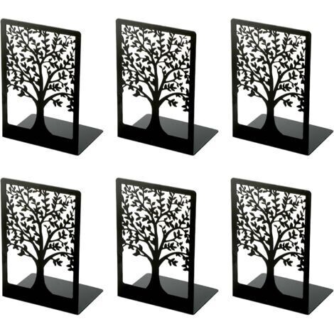 6er-Set Buchstützen aus Metall – Schwarz – Mit Lebensbaum-Motiv – Für Büro, Schule, Zuhause, Bibliothek – 18 x 12 x 8 cm