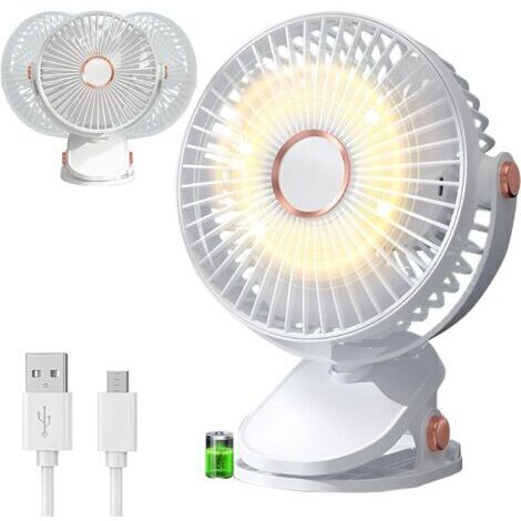 Weißer USB-Tischventilator mit 5 Geschwindigkeitsstufen, 360°-Drehung, LED-Beleuchtung, kompakt und tragbar für Büro und Zuhause